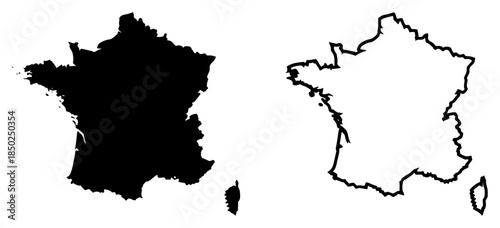 Set of solid and outline black vector maps of France including Corsica