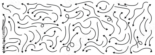 Hand-drown curve doodle arrow collection in different style for project work, direction, symbol and design elements. Isolated on white background.
