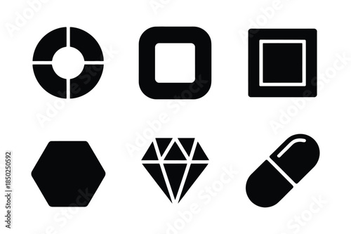 Set of black geometric and object icons including diamond and capsule