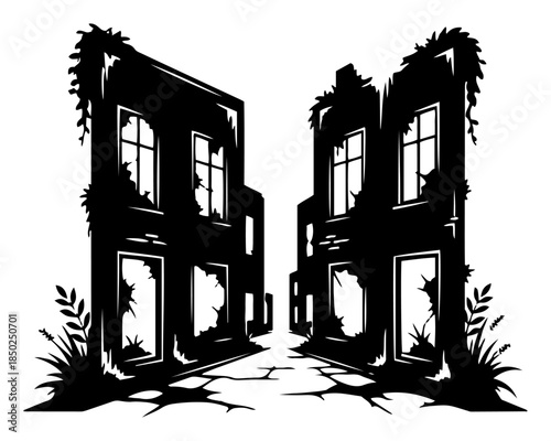 Abandoned ruined city street with crumbling overgrown buildings silhouette