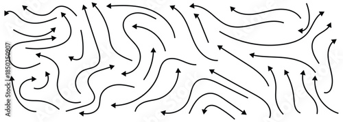Hand-drown curve doodle arrow collection in different style for project work, direction, symbol and design elements. Isolated on white background.
