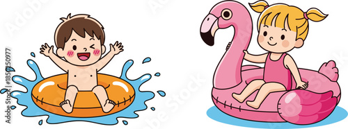 Joyful children enjoying summer swimming with inflatable toys and water splashes Keywords: boy, girl, swimming, pool, summer