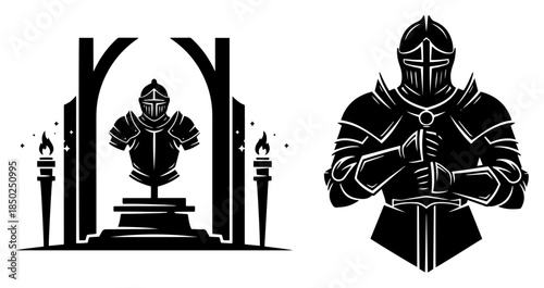 Medieval knight armor suit on stand and warrior with sword silhouette