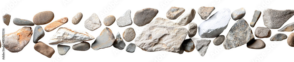 Fototapeta premium Gravel walkway slice viewed from above displays a variety of fine pebbles. This cut-out element features smooth textures and different stone shapes suitable for backgrounds