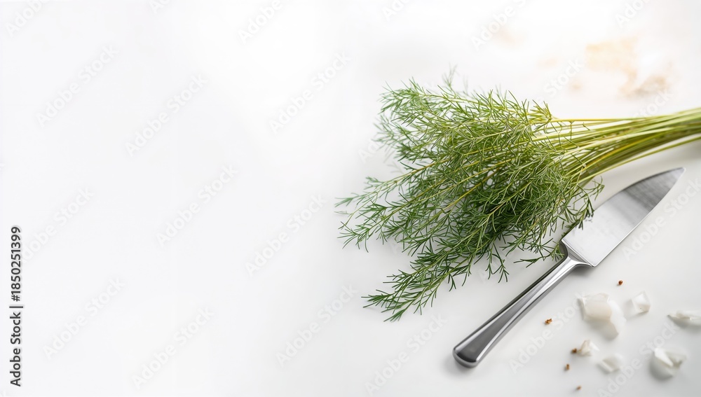 Fototapeta premium Dill leaf isolated on white surface, highlighting its role as a fresh ingredient in cooking, herbal medicine, herb preparation