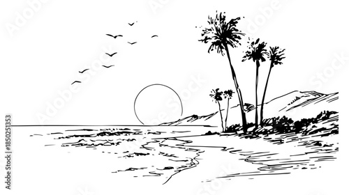Hand drawn tropical beach landscape sketch with palm trees and sunset
