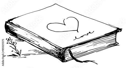 Closed hardcover book sketch with heart symbol and love text on cover