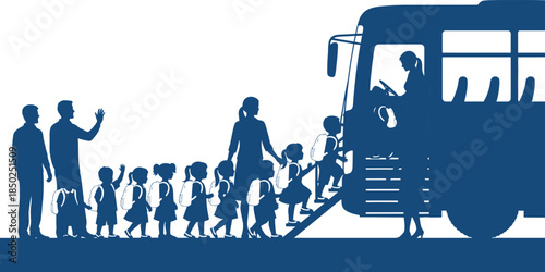 Blue silhouettes of children and adults boarding a bus with backpacks school bus transportation