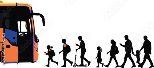 Colorful bus front with people silhouettes walking away on a scooter and with backpacks transportation