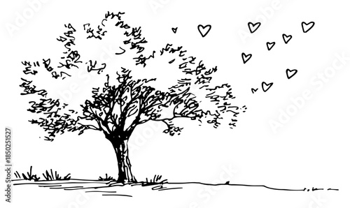 Artistic ink sketch of a tree with floating heart shapes