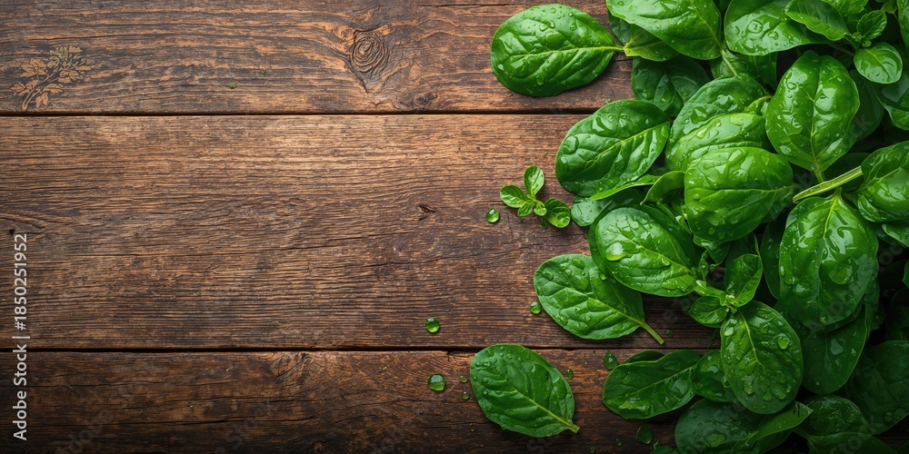 Obraz premium Fresh green baby spinach leaves spread on a wooden surface used for culinary preparation, healthy eating habits