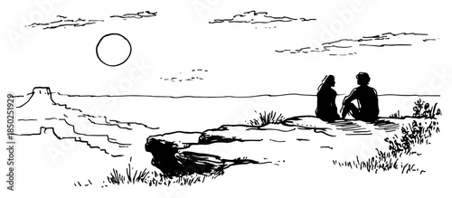 Couple sitting on cliff edge looking at scenic canyon landscape sketch