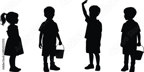Silhouettes Of Four Young Children Standing Together With Buckets kids boys