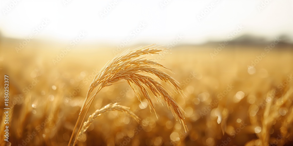 Obraz premium Dried golden rice ears shown in detail, serving as a background for editorial or design purposes, highlighting crop textures