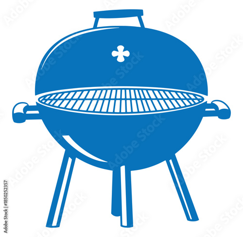 Blue outline illustration of a classic round outdoor charcoal barbecue grill on white