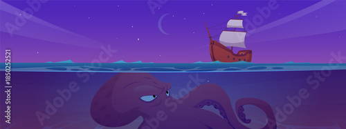 A giant octopus watches a sailing ship underwater at night.