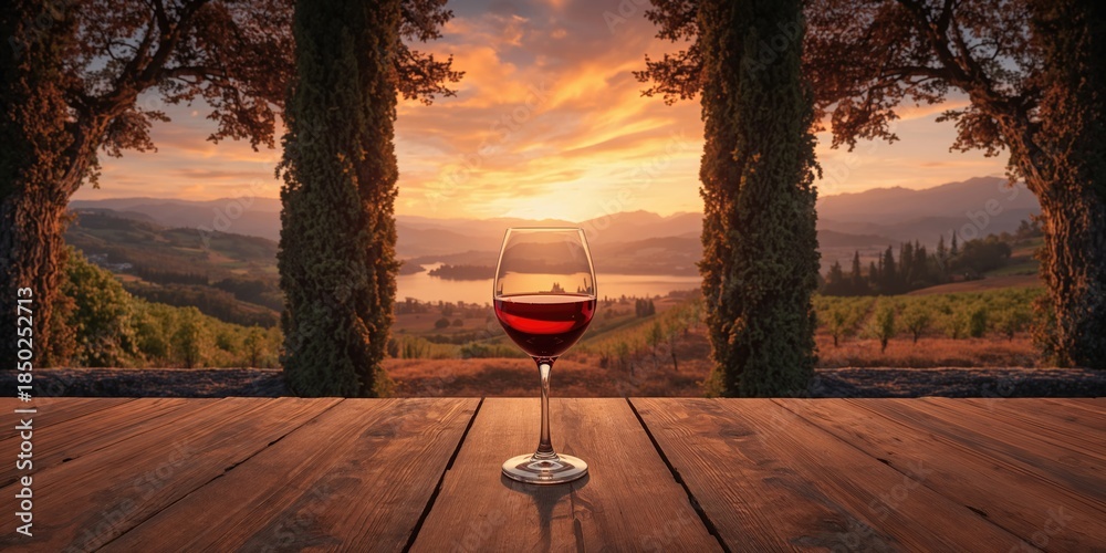 Obraz premium Red wine glass in outdoor setting with scenic landscape, highlighting leisure during seasonal celebrations, World Malaria Day