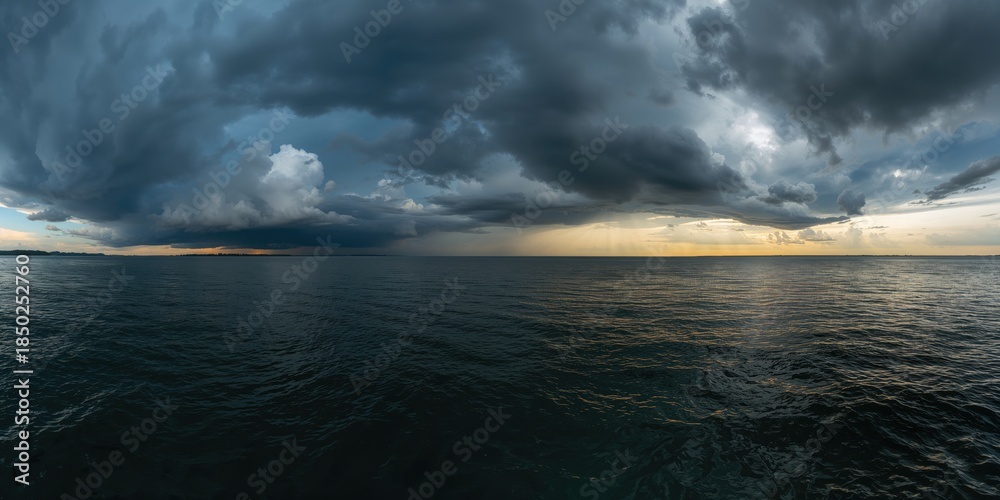 Fototapeta premium Panoramic view of a lake with thunderclouds overhead before rainfall, atmospheric weather patterns