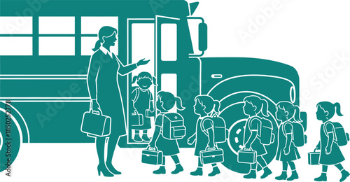 School Bus Boarding With Teacher And Children Carrying Backpacks kids