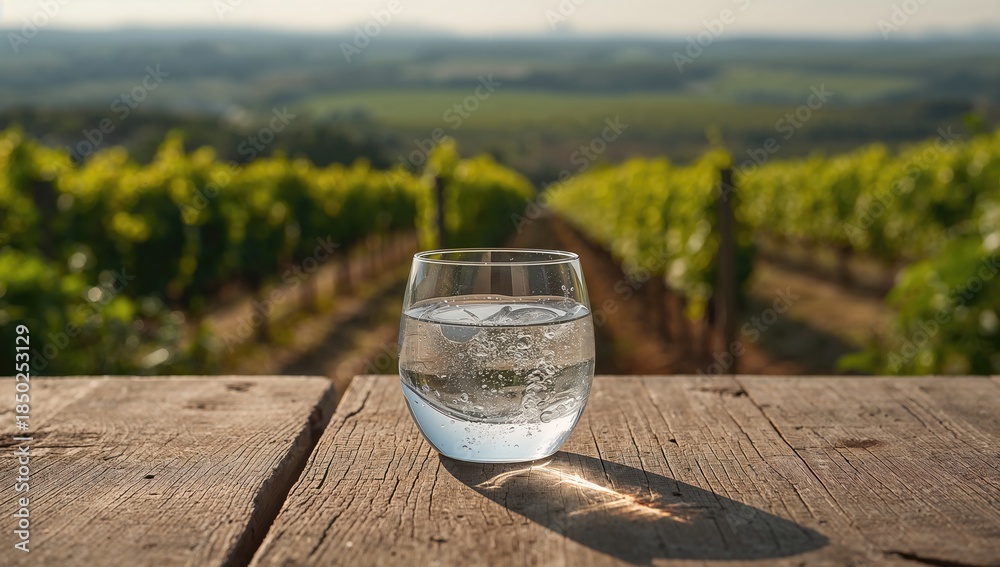 Obraz premium Country dining scene featuring a clear water glass on a table surrounded by green fields and vineyards, rural lifestyle