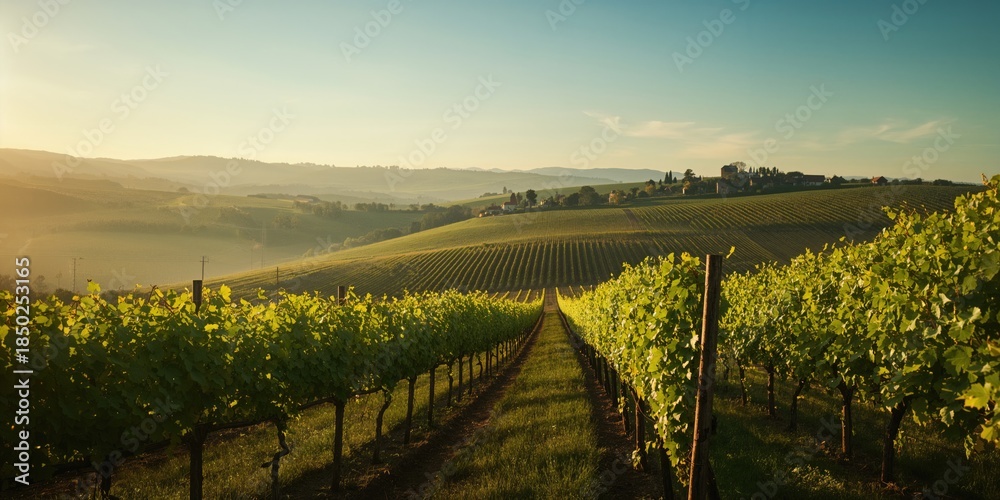 Obraz premium Grapevine rows in a scenic rural setting, emphasizing seasonal crop growth, International Harvest Festival