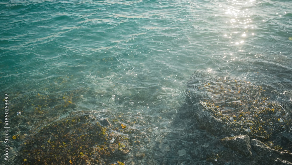Fototapeta premium Sea foam on the water surface over rocks and seaweed during low tide, illustrating natural shoreline changes