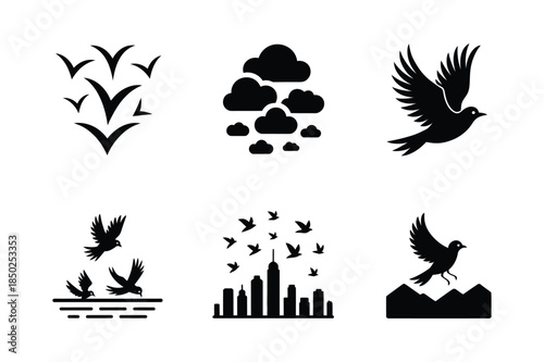 Birds in flight and city icons, symbolizing freedom and urban life