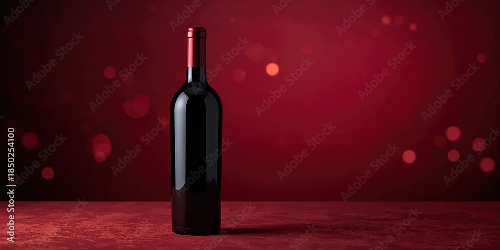 Obraz premium Unopened red wine bottle on a red background, suitable for beverage packaging design