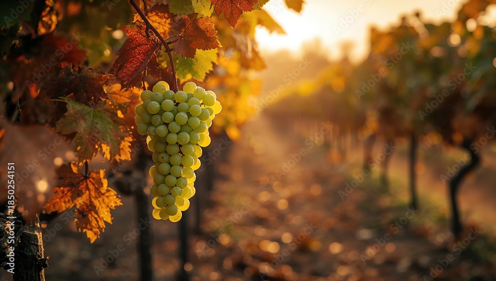 Fototapeta premium Cluster of grapes attached to the vine with fall leaves in the background, highlighting agricultural cycles, Earth Day