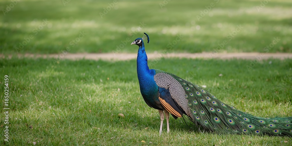 Obraz premium Vivid peacock with open tail showcasing colorful eye spots, highlighting natural beauty and display behavior
