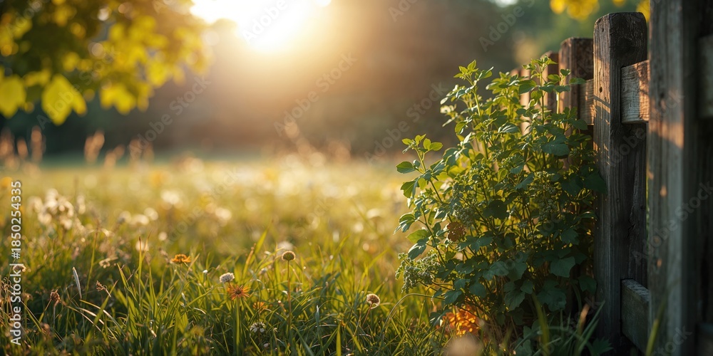 Fototapeta premium Young coriander near a fence affecting new plant development, crop preservation focus