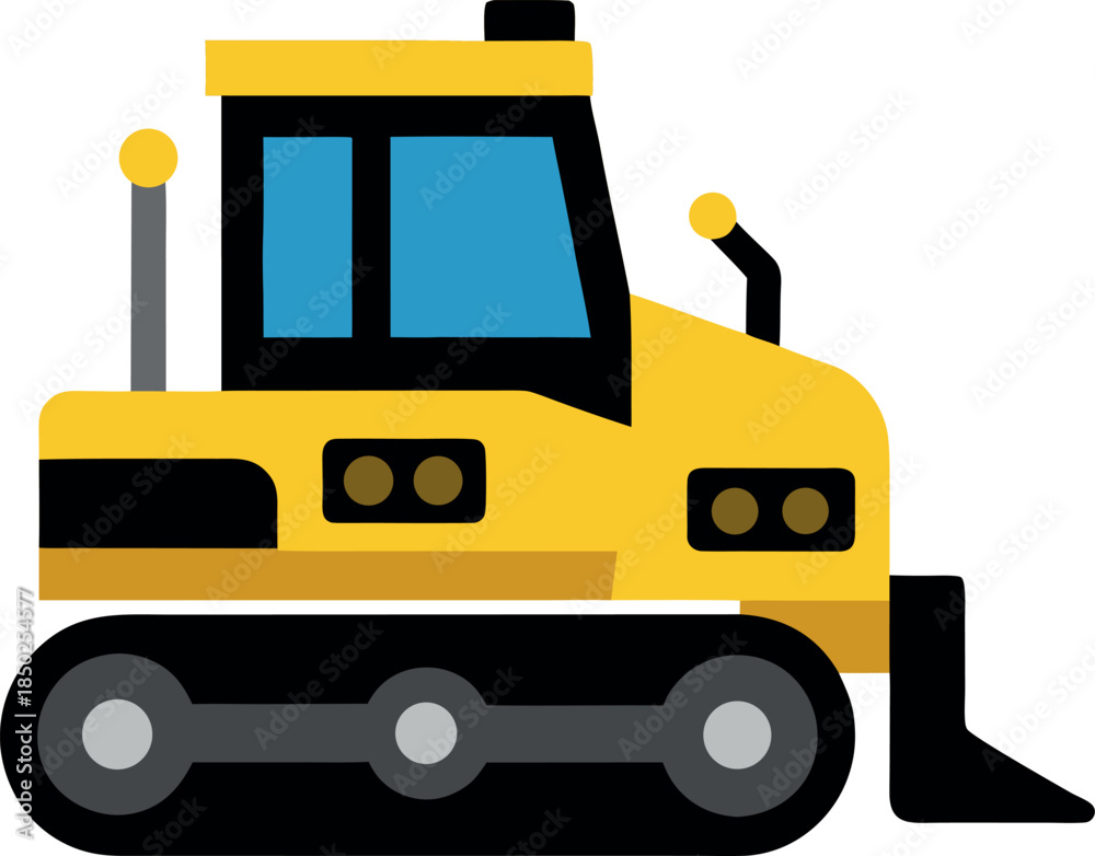 Naklejka premium Yellow Cartoon Bulldozer with Blue Window and Black Tracks