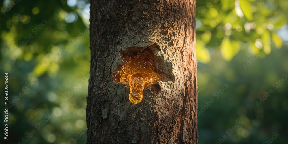 Fototapeta premium Tree trunk secreting sap from bacterial or fungal infection, demonstrating plant response to disease
