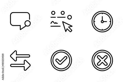 Communication and workflow icons: chat bubble, settings, clock, arrows, checkmark, and cross.
