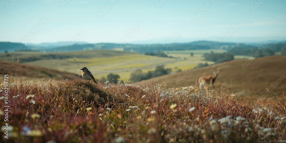 Fototapeta premium Early spring scene with a person in winter clothing amidst a heath landscape, highlighting seasonal change