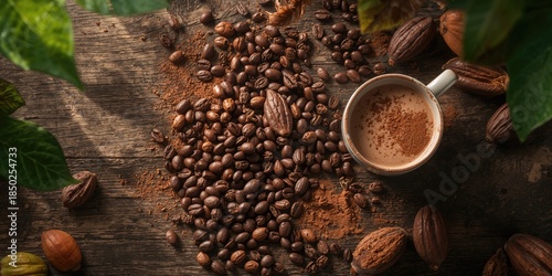 Flat lay of cocoa beans, hi...
