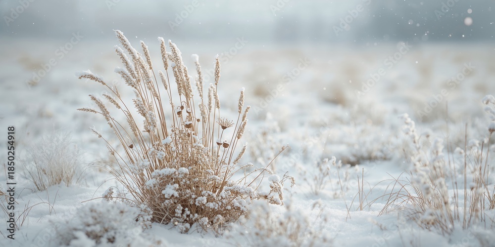 Fototapeta premium Snow-dusted dried plants in a winter meadow, suitable for editorial header backgrounds