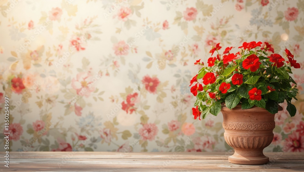 Naklejka premium Colorful geraniums in flower pots, arranged as a yard decoration, emphasizing horticultural maintenance