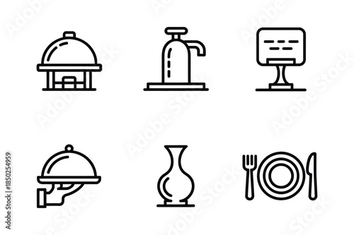 Elegant line icons representing restaurant service, food presentation, and hospitality for culinary businesses and dining experiences.