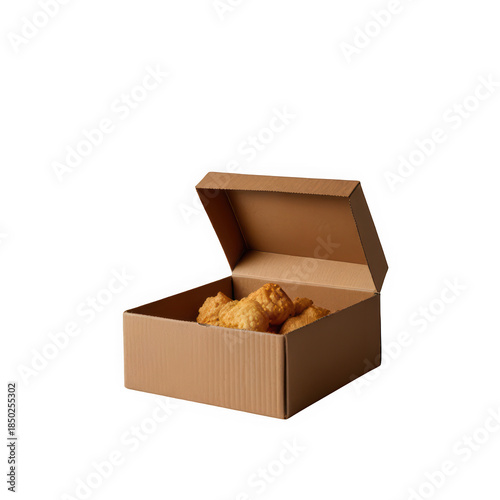 Delicious fried chicken pieces in a brown cardboard takeout box on transparent background