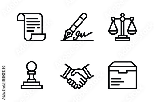 Clean line icons representing legal services, contracts, and business agreements for law firms and corporate documentation.