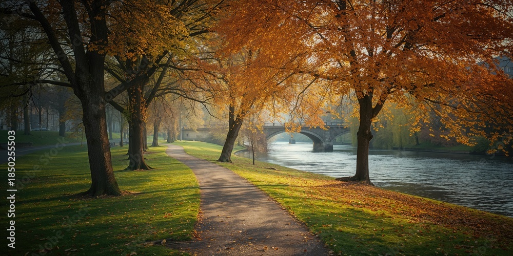 Fototapeta premium Weimar's historic city park situated by the Ilm river in Thuringia, Germany, emphasizing preservation