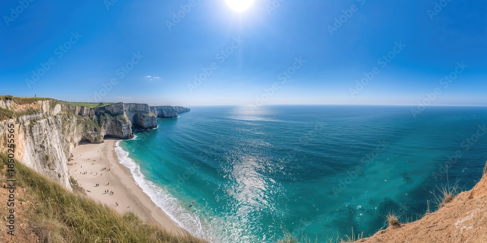 Obraz premium Panoramic view of cliffs beside a bright blue sea with sandy beach and visitors, natural erosion risk, Earth Day