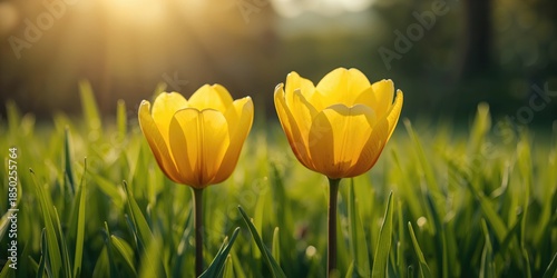 Bright yellow tulips surrou...