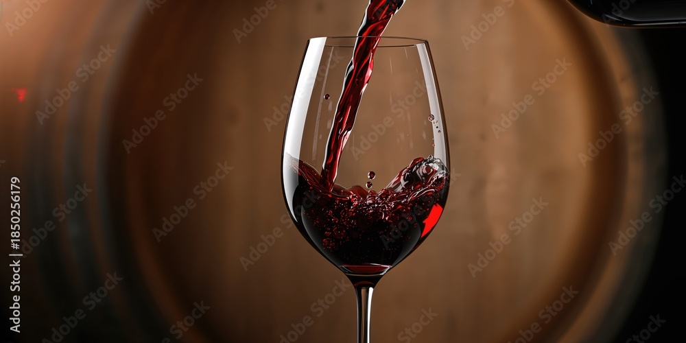Fototapeta premium Red wine being poured into a glass beside a wooden barrel, fermentation process, World Wine Day