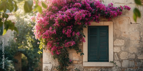 Building facade with pink f...