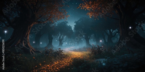 Illuminated forest pathway ...