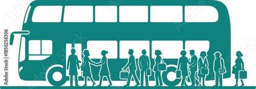 Teal Silhouette of a Double Decker Bus with a Line of People Waiting transportation