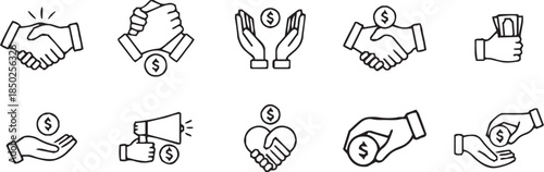 Business marketing icon set in line style. Containing agreement, donation, handshake, partnership, money, social media, megaphone, sponsor,