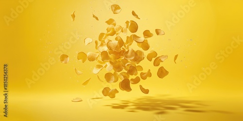 Potato chips floating freely on a vibrant yellow backdrop, highlighting snack consumption and impulse buying, National Snack Food Month